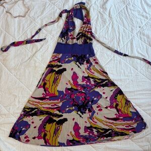 Luisa Ribeiro Purple and Green Halter Dress w tie back and colorful design